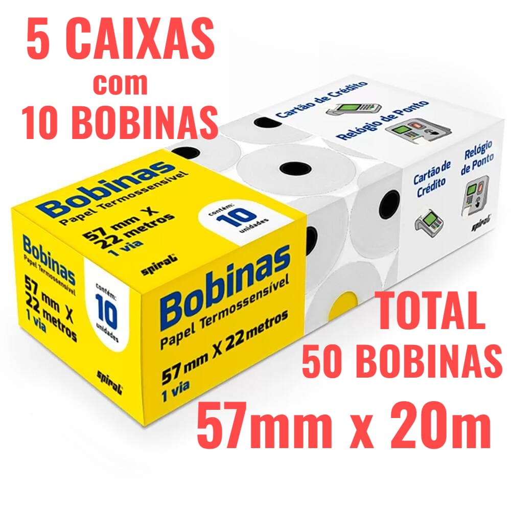 Kit 5 Caixas com 10 Bobinas Térmicas Spiral 57mmx22m para Maquininha de Cartão e Relógio Ponto 50UN