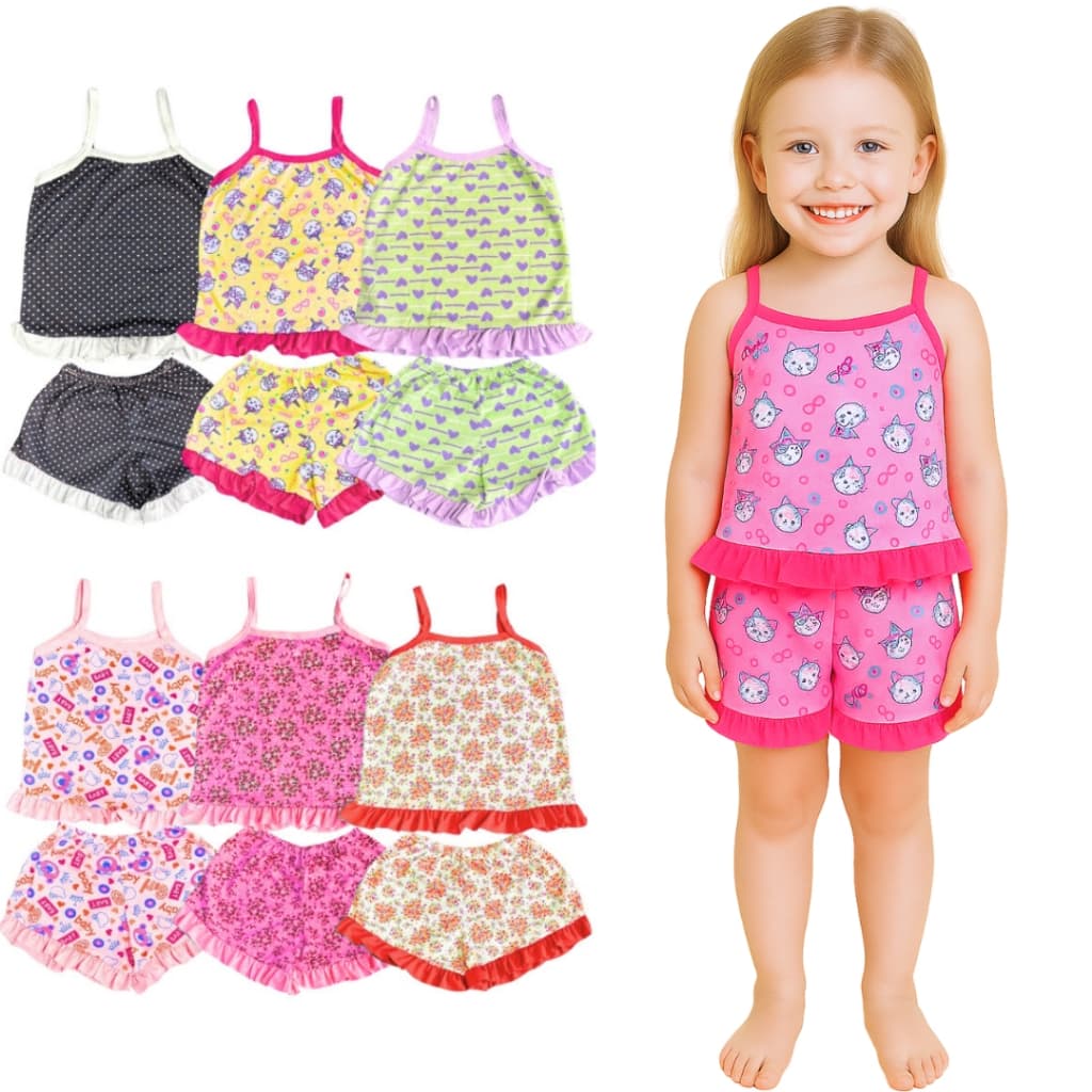 Kit 6 Peças Pijama Infantil  Baby Doll Feminino Sendo 3 Shorts + 3 Camiseta Regata