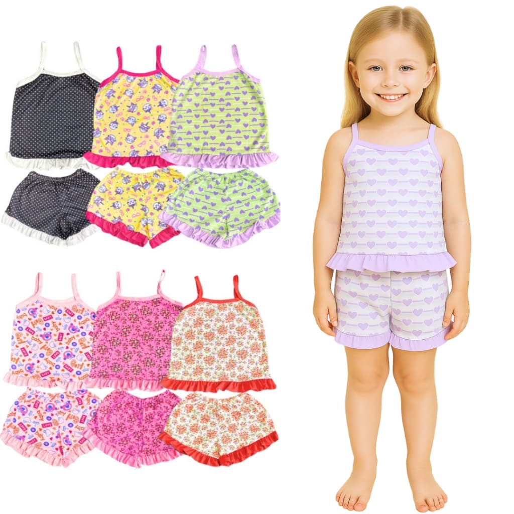 Kit 10 Peças Pijama Infantil  Babay Doll Feminino Sendo 5 Shorts + 5 Camiseta Regata