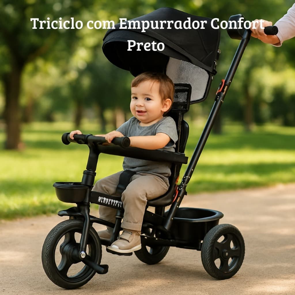Triciclo com Empurrador Confort Preto – Passeios com Estilo, Segurança e Muito Amor