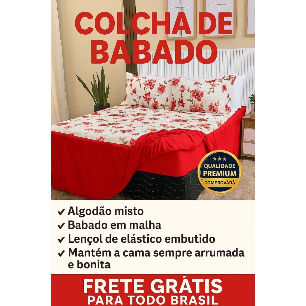 Colcha Cama Casal Queen King com Babado e Lençol Elástico Embutido Percal 600 Fios Toque Algodão