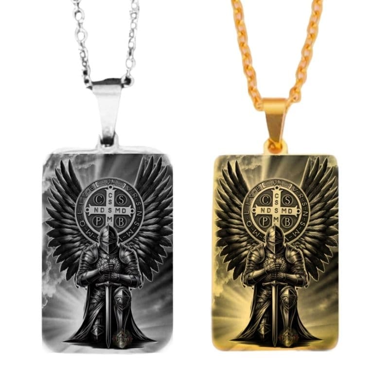 Corrente Colar Aço Inoxidável São Bento e Cavalheiro Templario Religioso Masculino Feminino
