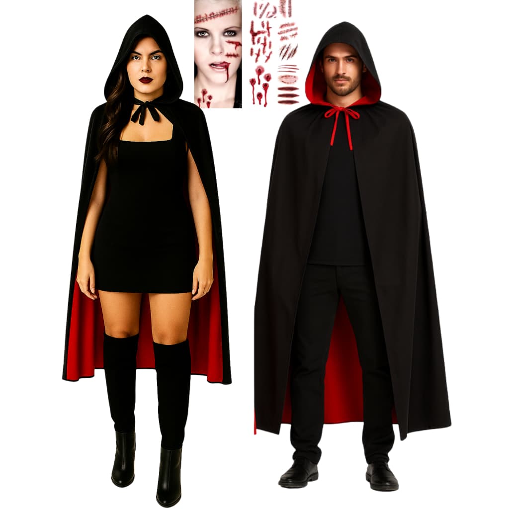 Kit Capa De Bruxa Dupla Face Fantasia Halloween Unissex + Ferimento Falso Tatoo Fantasia Vampiro Drácula