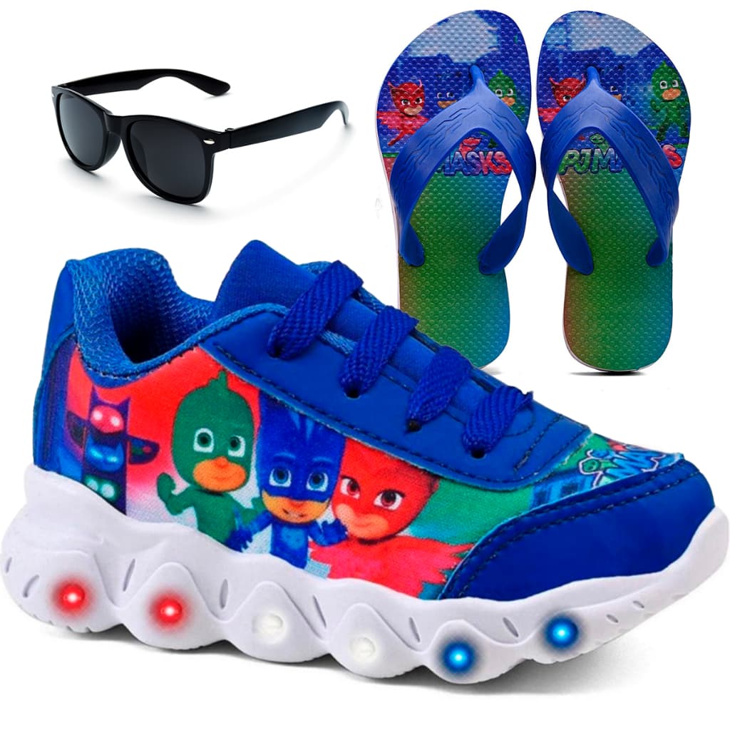 Kit Tênis Infantil PJ Masks Com Led + Chinelo Infantil + Óculos Infantil