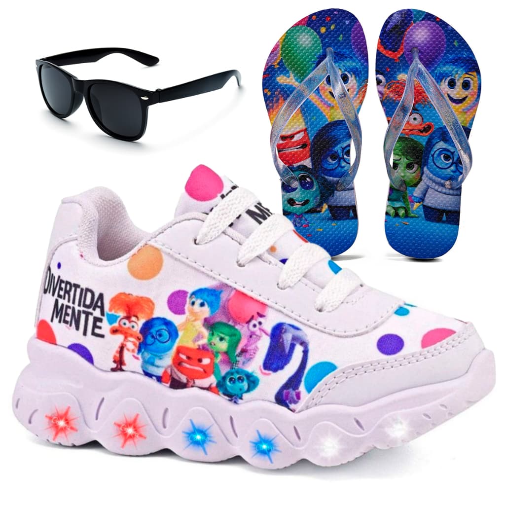 Kit Tênis Infantil Menina Divertidamente Com Led + Chinelo Infantil + Óculos Infantil