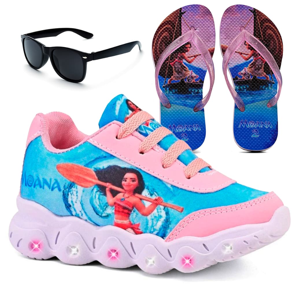 Kit Tênis Infantil Menina Moana Com Led + Chinelo Infantil + Óculos Infantil
