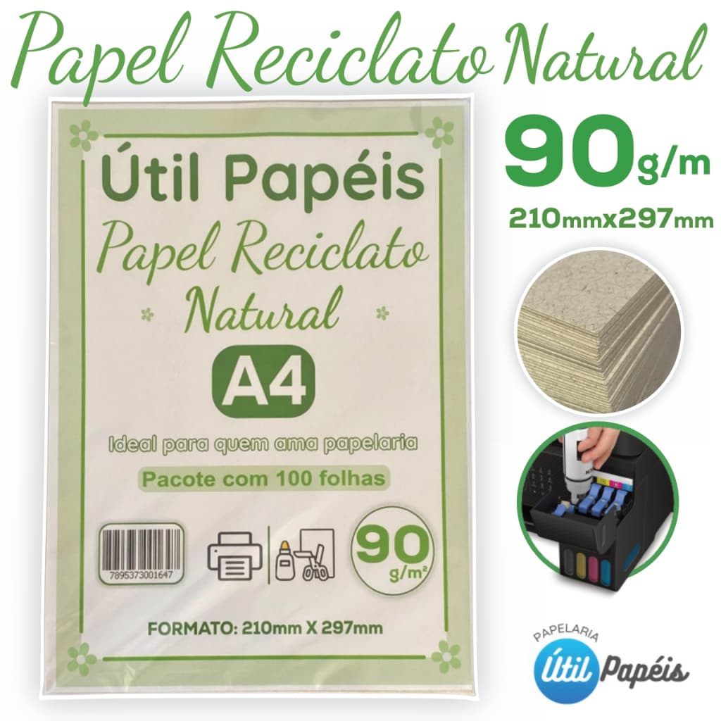 Papel Reciclado 90g A4 Pacote com 100 Folhas - 210x297mm Sulfite Eco Premium / Jato de tinta e Laser