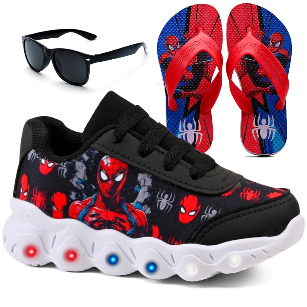Kit Tênis Infantil Homem Aranha Menino Com Led + Chinelo Infantil + Óculos Infantil