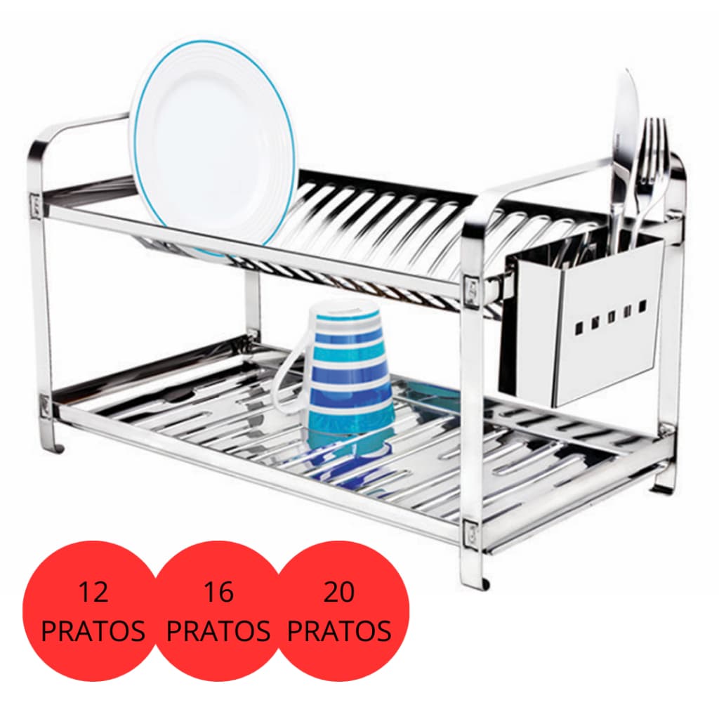 Escorredor De Louças Inox 12 16 ou 20 Pratos Com Porta Talheres