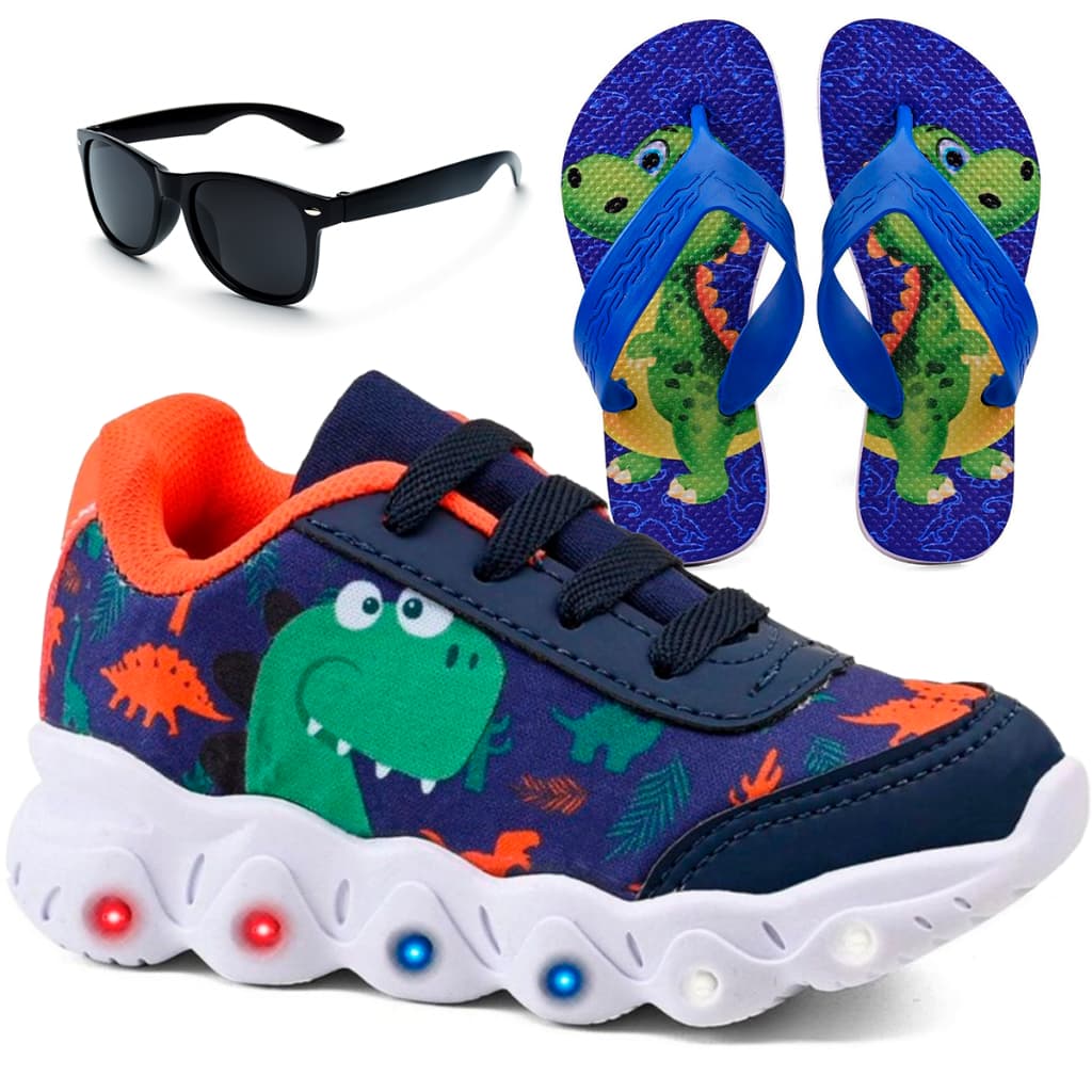 Kit Tênis Infantil Dinossauro Menino Com Led + Chinelo Infantil + Óculos Infantil