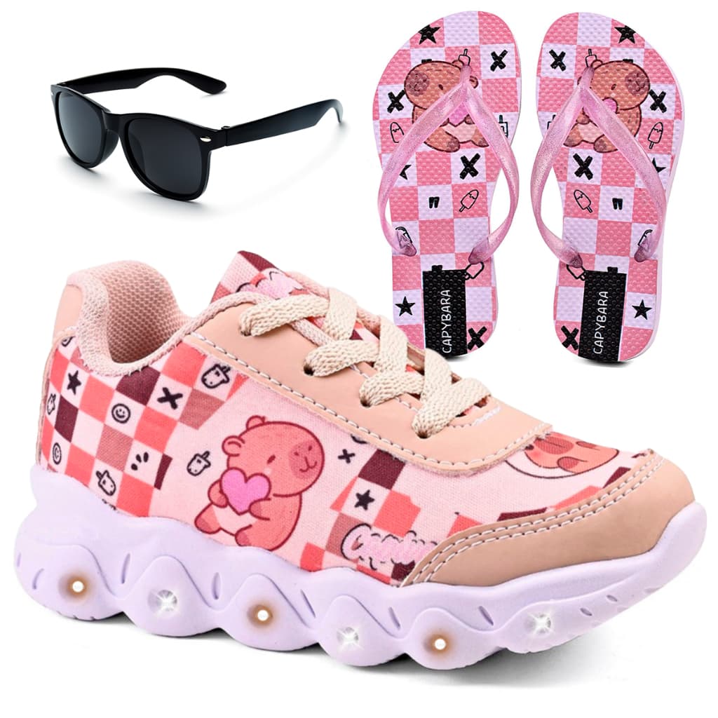Kit Tênis Infantil Menina Capivara Com Led + Chinelo Infantil + Óculos Infantil
