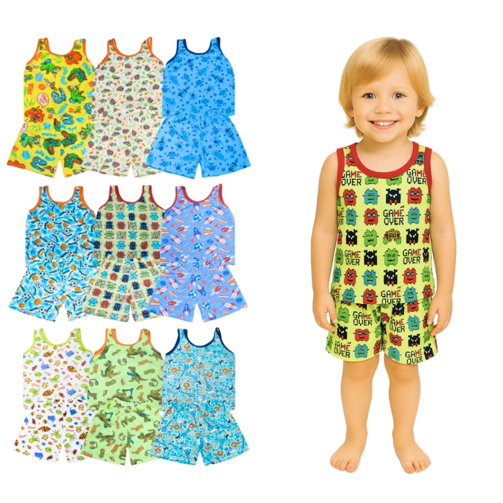 Kit 8 Peças Pijama Infantil Regata Masculino Sendo 4 Camisetas + 4 Bermudas 2 ao 8 Anos