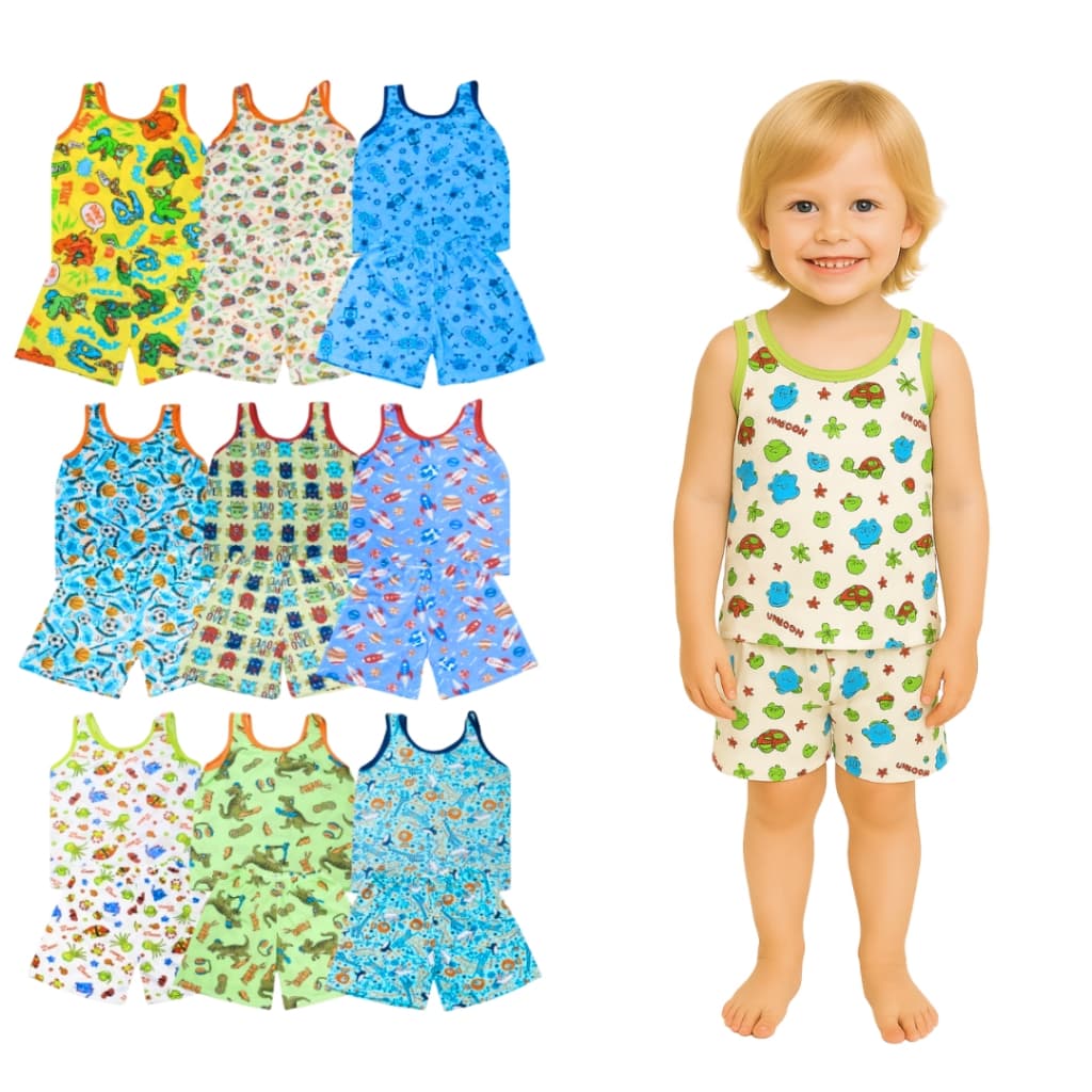 Kit 6 Peças Pijama Infantil Regata Masculino Sendo 3 Camisetas + 3 Bermudas 2 ao 8 Anos