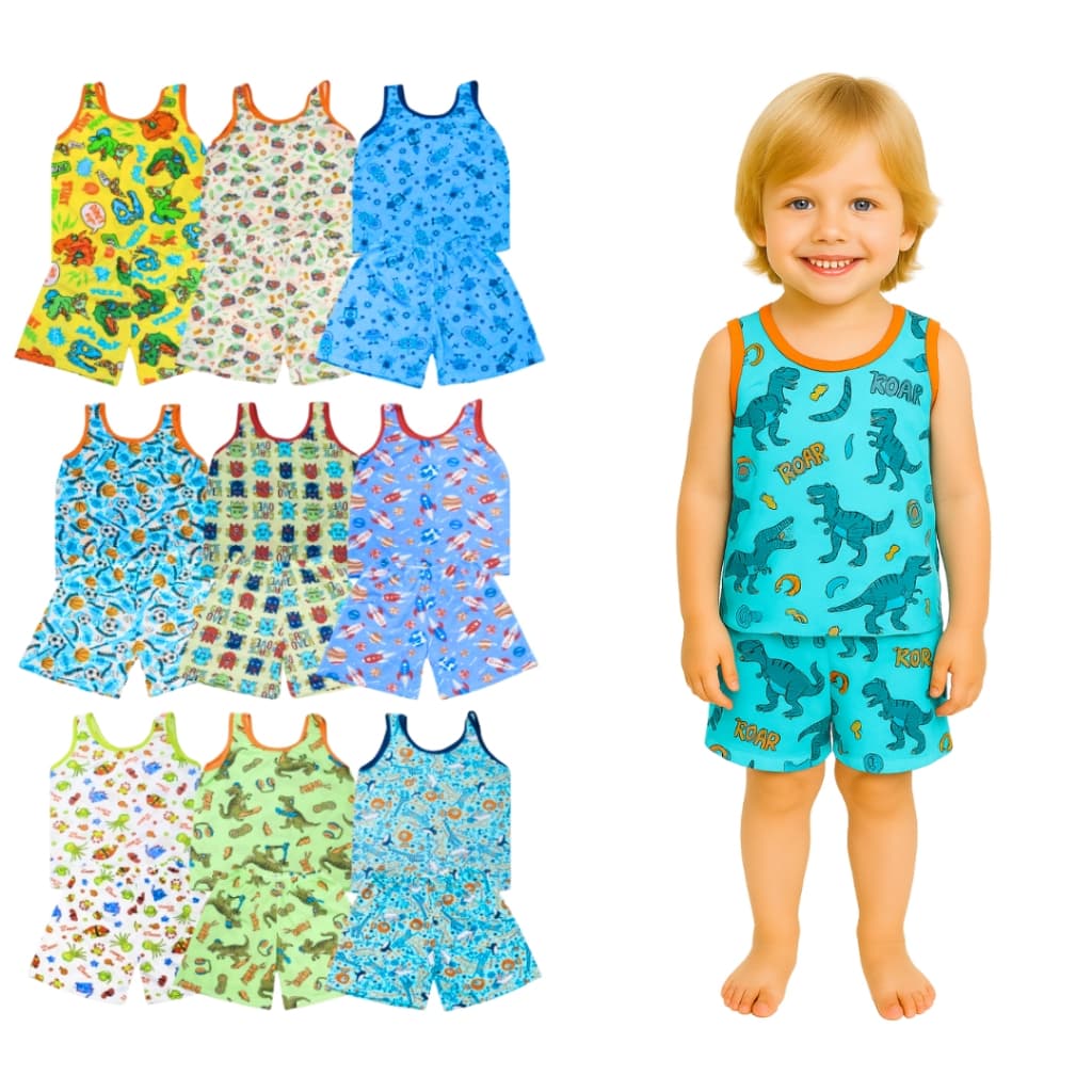 Kit 10 Peças Pijama Infantil Regata Masculino Sendo 5 Camisetas + 5 Bermudas 2 ao 8 Anos