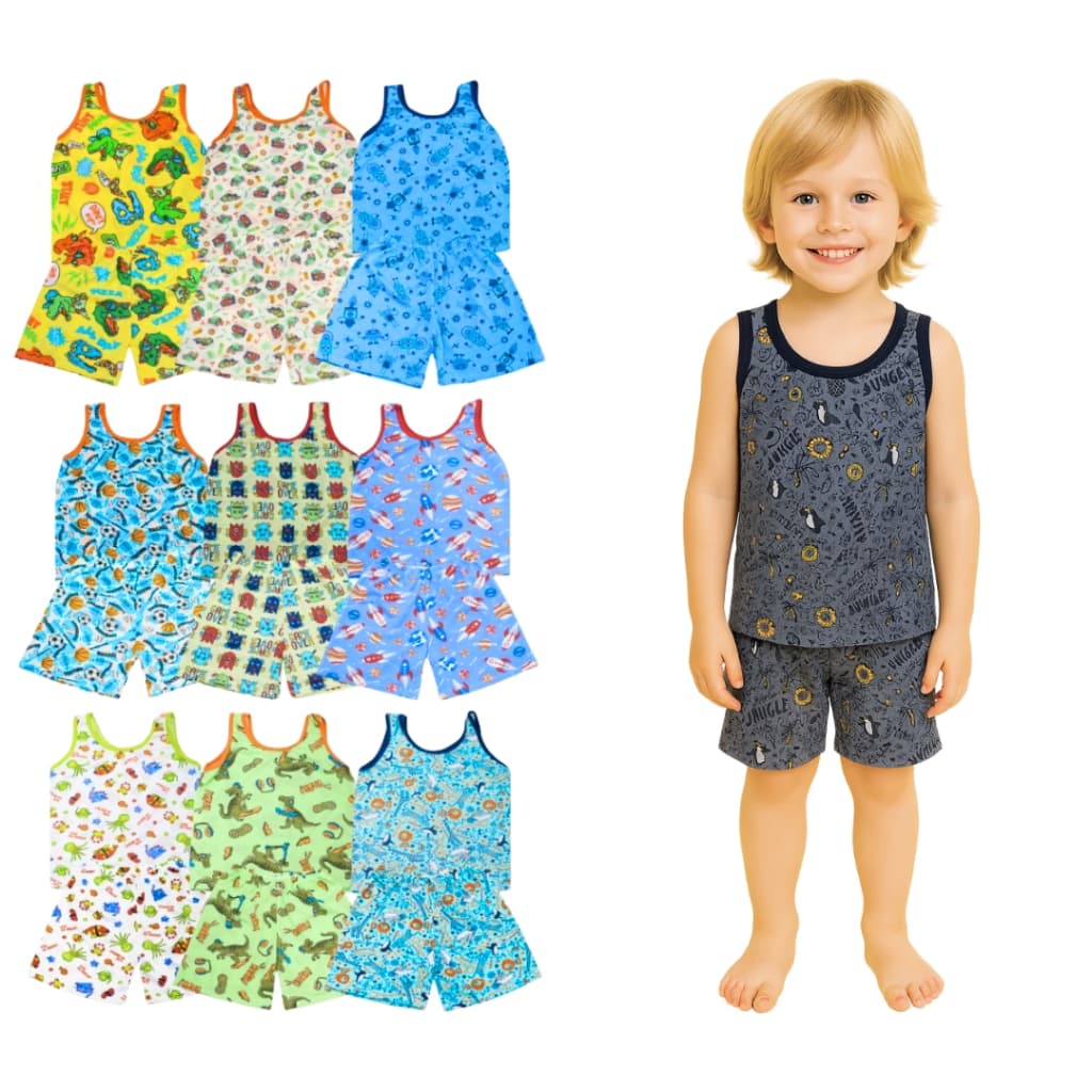 Kit 4 Peças Pijama Infantil Menino Regata 2 Camiseta + 2 Bermudas Do 2 Ao 8 Anos