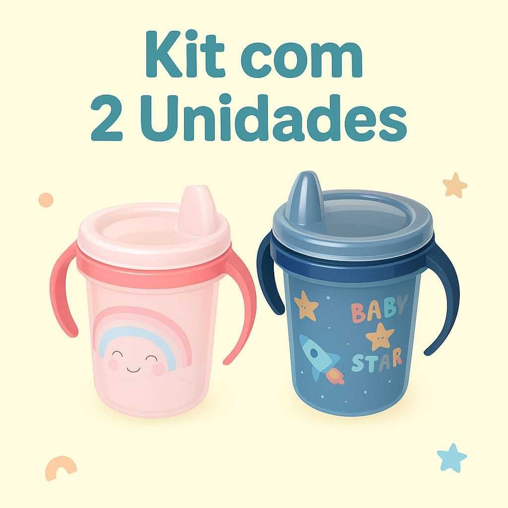 Kit Com 2 Copo Infantil com Tampa Anti-vazamento Copo Seguro para Criança Com Dupla Alça Anatômica Copo De Treinamento