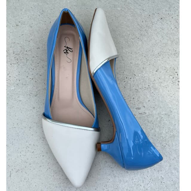 Scarpin Azul c/Off White - Salto Gota 2,5cm /Salto baixo/Linha luxo /Salto bb confortável/Social /Linha Premium/Elegante