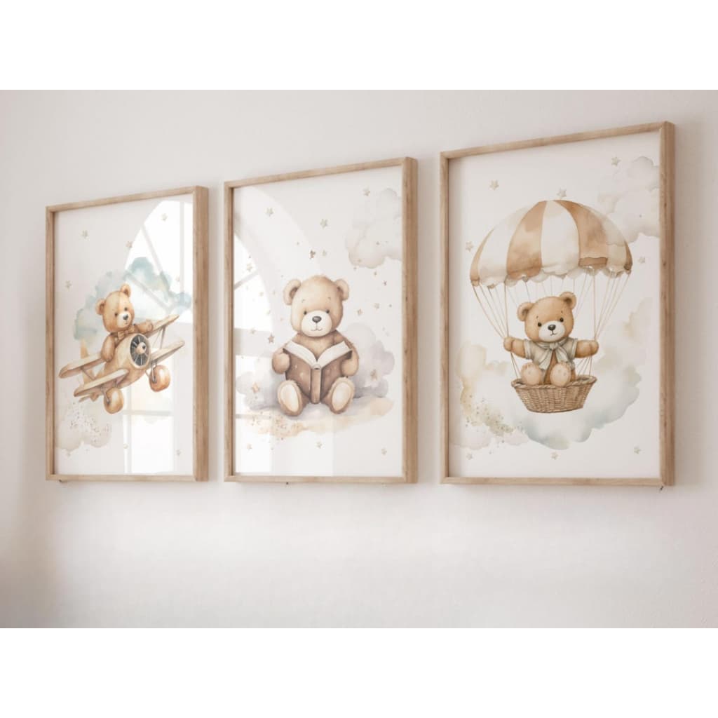 Kit 3 Quadros Decorativos Ursinho Urso Avião Balão Lendo Neutro Clean Infantil com Moldura Quarto Menino Bebê