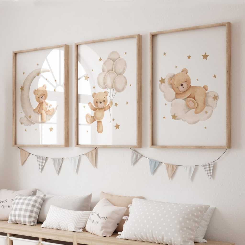Kit 3 Quadros Decorativos Ursinho Urso Lua Balão Nuvem Neutro Clean Infantil com Moldura Quarto Menino Bebê