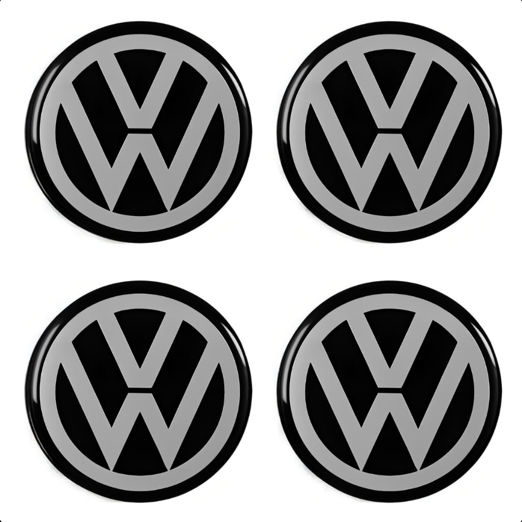 Jogo 4 Peças Emblemas Botons Adesivos Resinados Volkswagen Preto Carro Calotas e Rodas 48mm