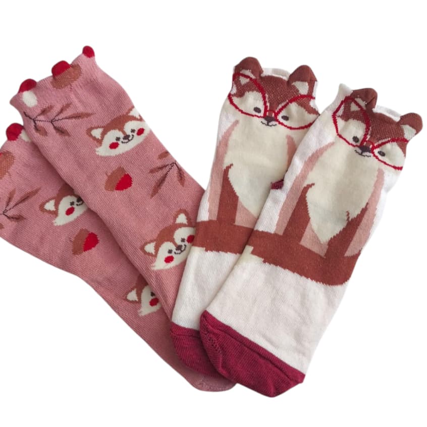 2Pares de Meia Infantil Soquete 3D Raposa
