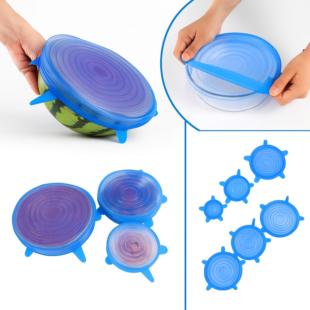 Kit 6 Super Tampas Premium Silicone Universal Elástica Potes e Alimentos Alta Vedação Reutilizável