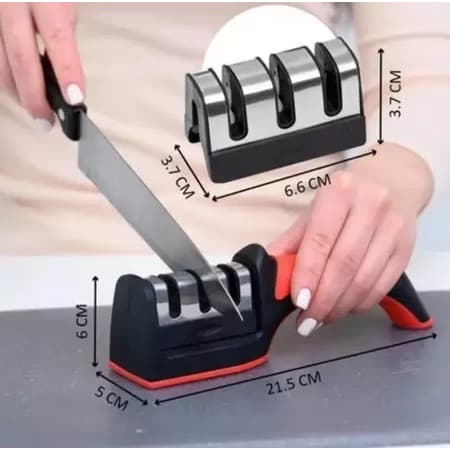 Amolador Afiador De Facas 21,5x5x6cm Em Aço Inox Profissional Com 3 Afiadores Profissional Para Facas E Tesouras