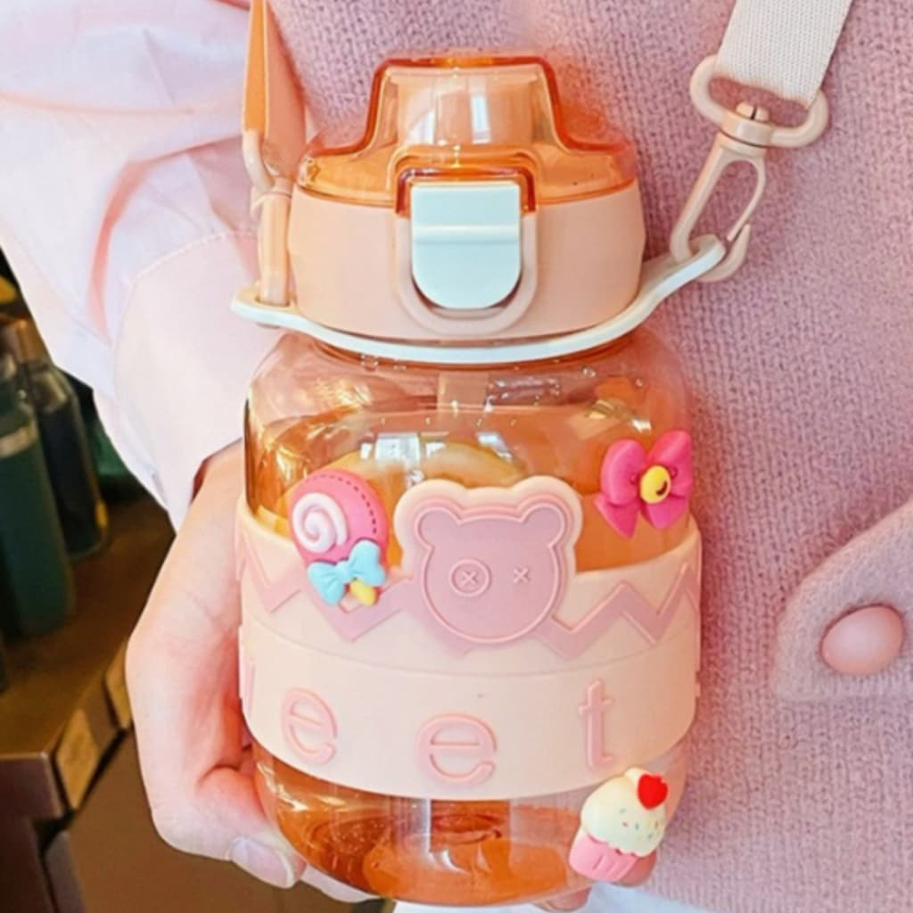 Garrafa De Água Infantil Squeeze Com Adesivo 3D Canudo Flip Copo Com Alça Portátil Escola 60ml