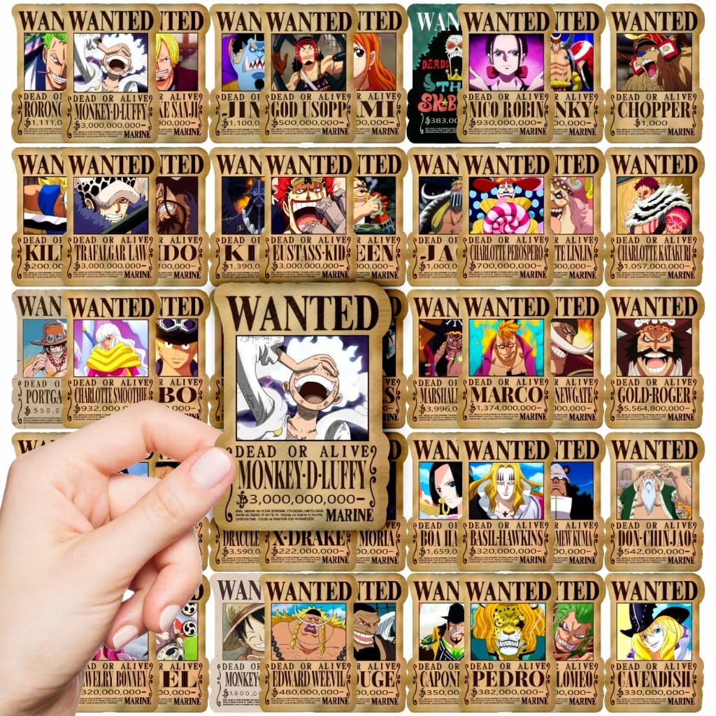 50 PÇS Stickers Adesivo Vinil Brilhante One Piece Impermeável Recompensas Wanted Skateboarding