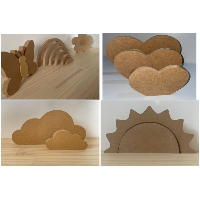 Kit Decoração/Adorno em MDF – Sol, Nuvens, Borboleta, Arco-Íris, Corações e Flor