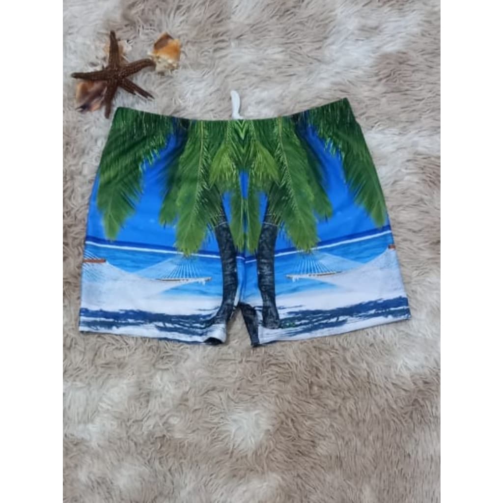 Sunga de Praia Masculina com Cordão na Cintura e Estampa de Paisagem Marítima
