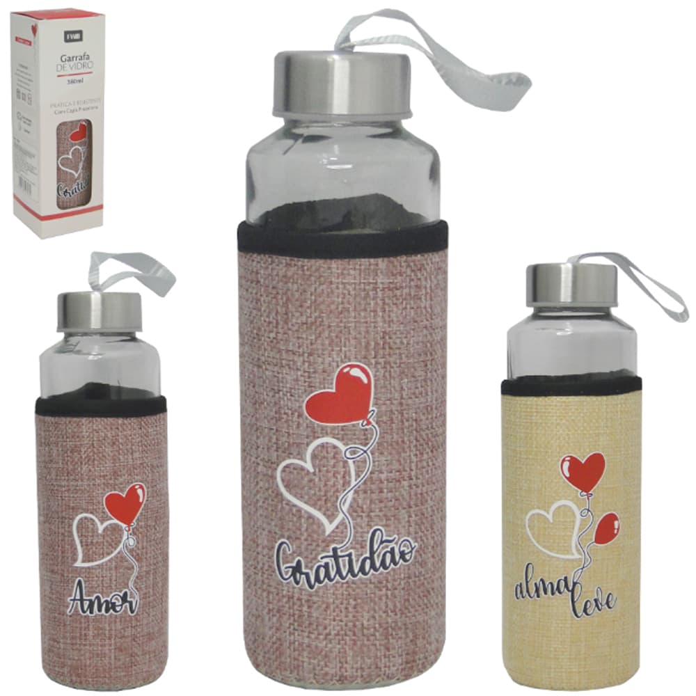 GARRAFA DE VIDRO COM TAMPA DE INOX + CAPA NEOPRENE  380ML