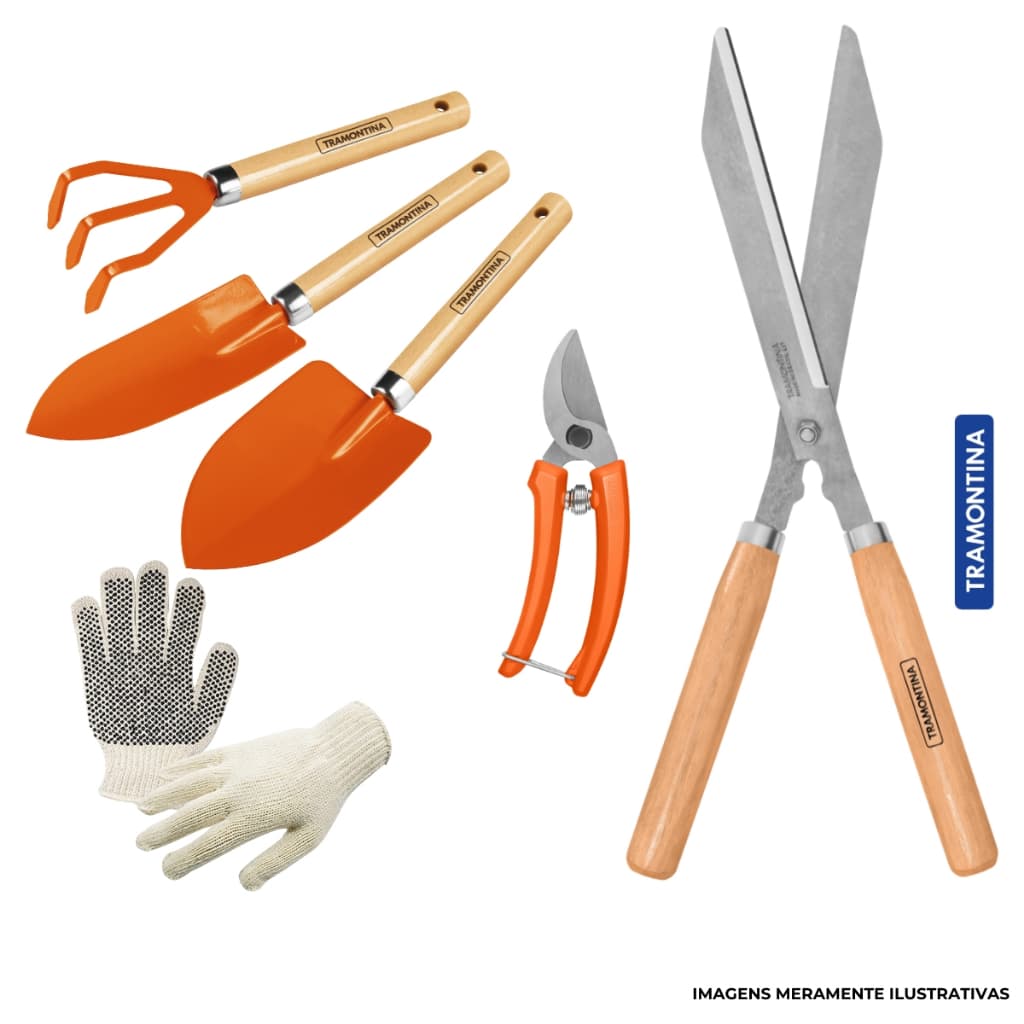 Kit Jardinagem 5 Peças Tramontina (Ancinho, Pá Larga, Pá Estreita, Tesoura de Poda e Grama) + Luva