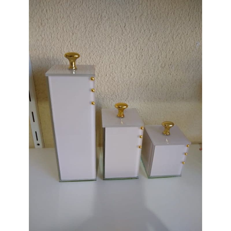 Porta escova, cotonete e algodão nude puxador dourado