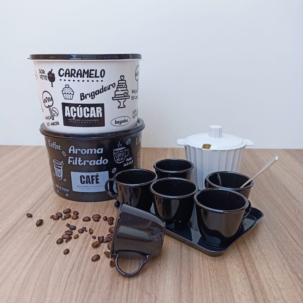 Kit Café Com 2 Potes Plásticos Açucareiro e 6 Xícaras