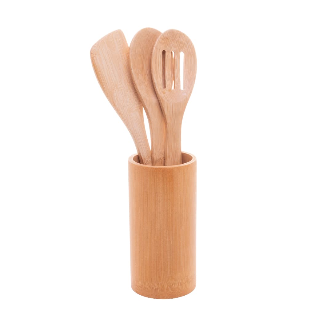 Conjunto 3 Utensílios De Cozinha E Suporte Em Bambu - Lyor