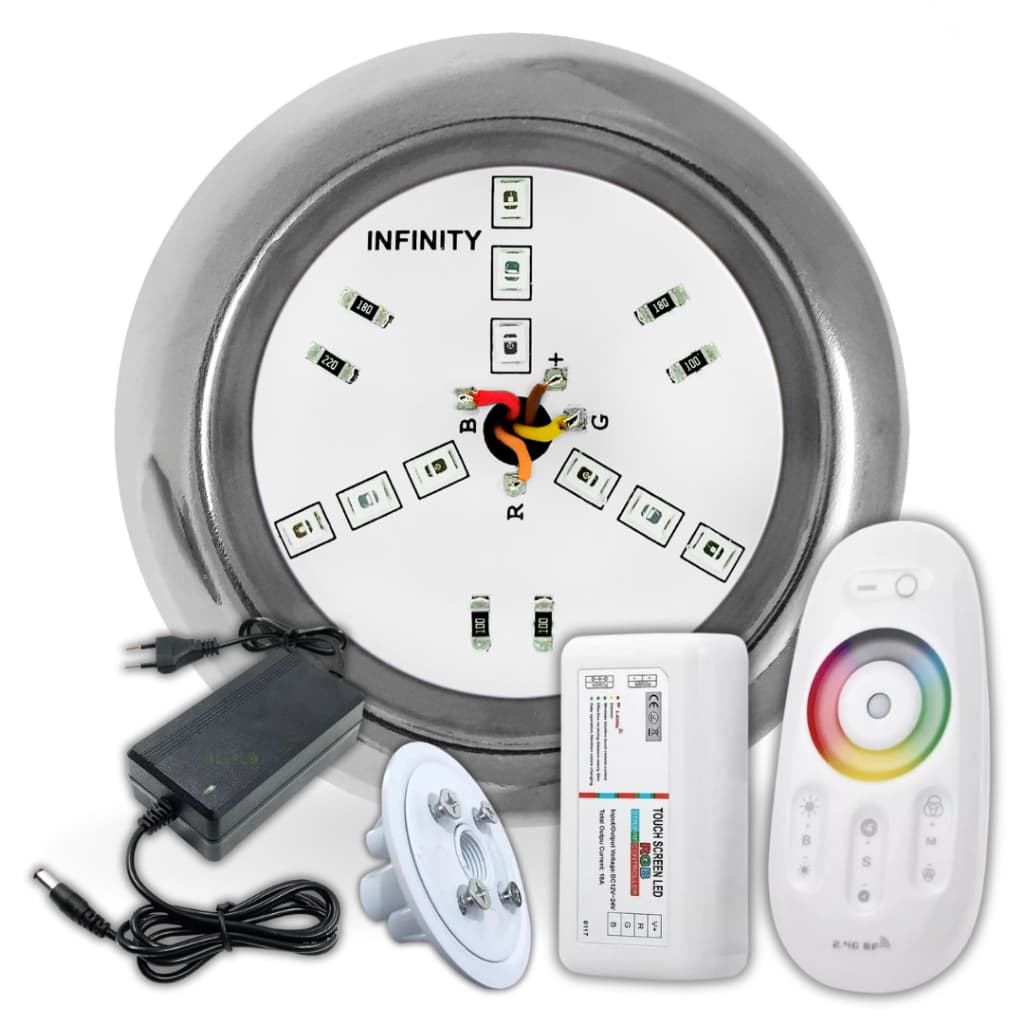 Kit Iluminação Piscina 01 Super Led INOX 6W RGB + Comando e Fonte + Adaptador de Vinil
