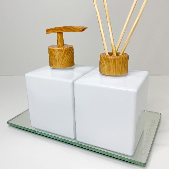 Kit Banheiro Aromatizador Saboneteira Cubo Branco Bandeja Espelhada