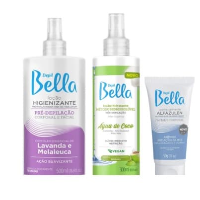 Kit Loção Pré Depilatória Lavanda e Melaleuca 500ml + Loção Pós Água de Coco 300ml + Creme Alfazulen 50g Depil Bella