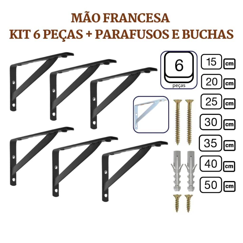 Mão Francesa 6 peças Suporte Cantoneira para Prateleira de Madeira Industrial 15cm a 50cm