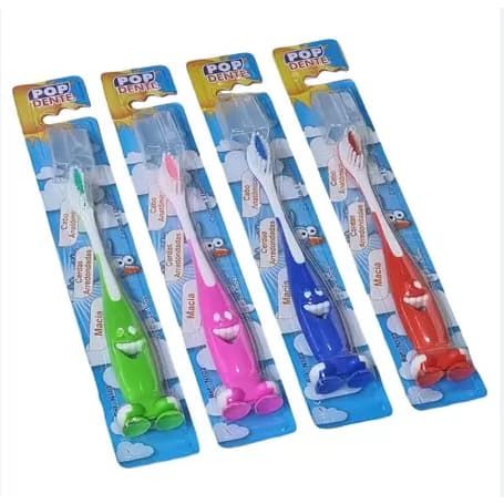 12 Escova Dental Infantil Pop Dente Kids Com Ventosa Coloridas | Envio Rápido
