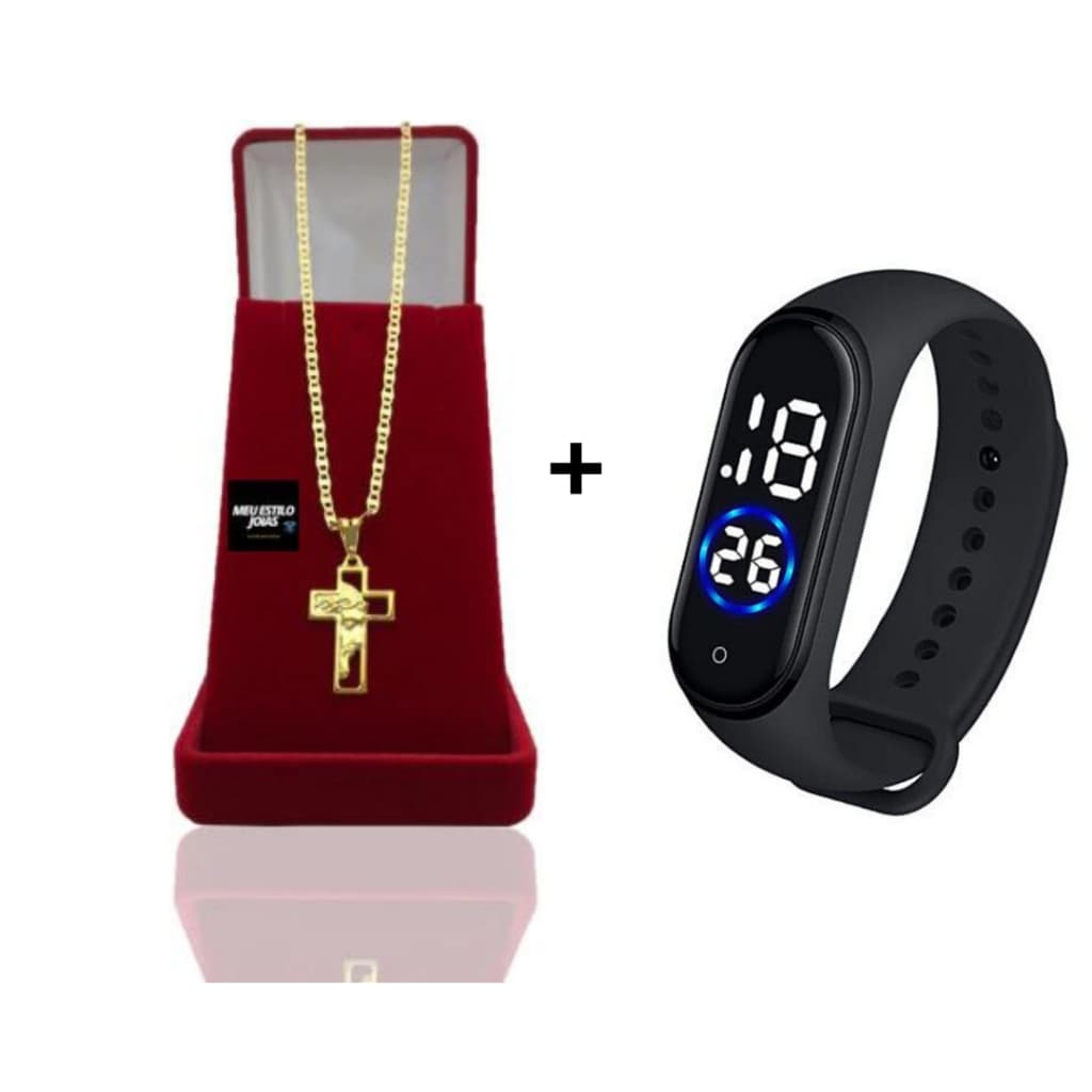 Corrente Masculina Infantil Cordão Piastrini 3mm Banhado Ouro Com Pingente Cruz Face de Cristo  + Relógio Digital Prova Dagua  Correntinha Masculina Infantil