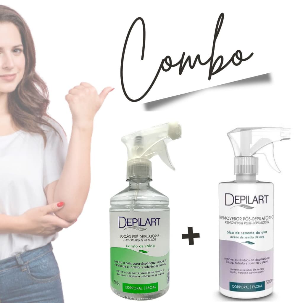 Kit Loção Pré Depilatória Extrato de Sálvia 500ml + Removedor Cera Óleo de Semente de Uva 500ml