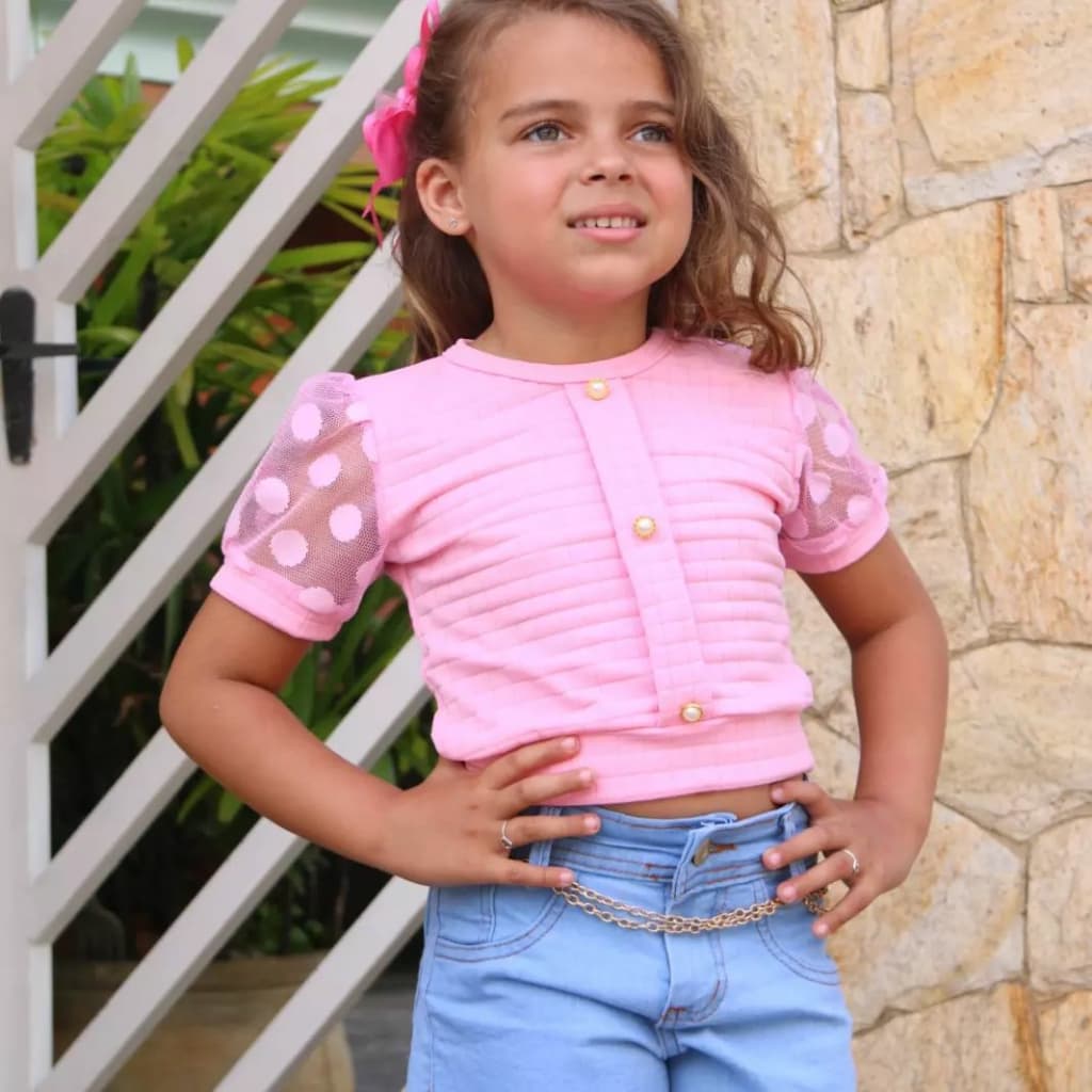 Blusa Infantil Menina Manga Tule Com Botões Fake