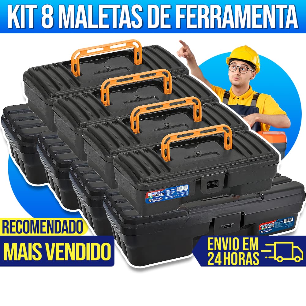 Kit 8 Maletas Caixa de Ferramentas Plástica Preto Parafusos Pregos Grande Completa Organizador