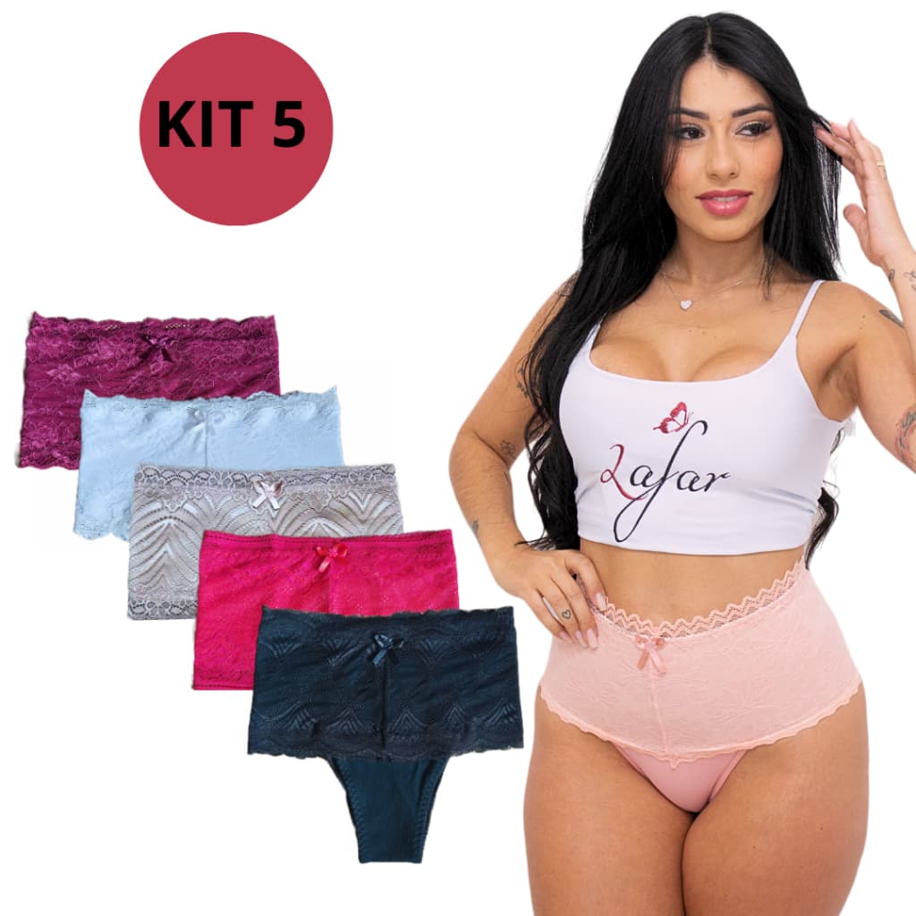 kit 5 calcinha cinta renda alta de algodão Conforto modeladora comprime barriga Fio Duplo- Lafar