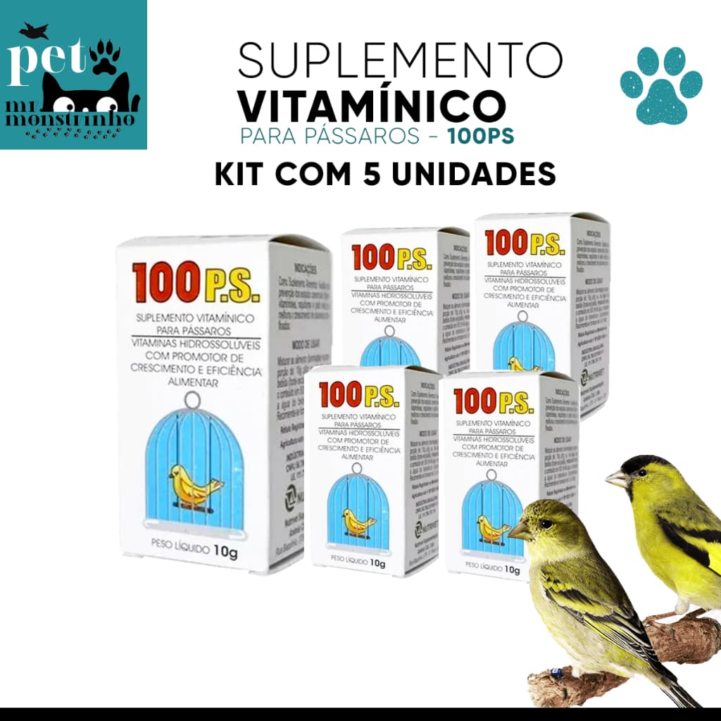 Kit 5 unidades 100 Ps Suplemento Vitamínico Para Pássaros 10g