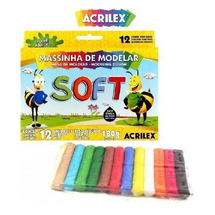 Massinha Massa de Modelar Acrilex Soft 12 cores 180gr brincadeira de criança escola aula