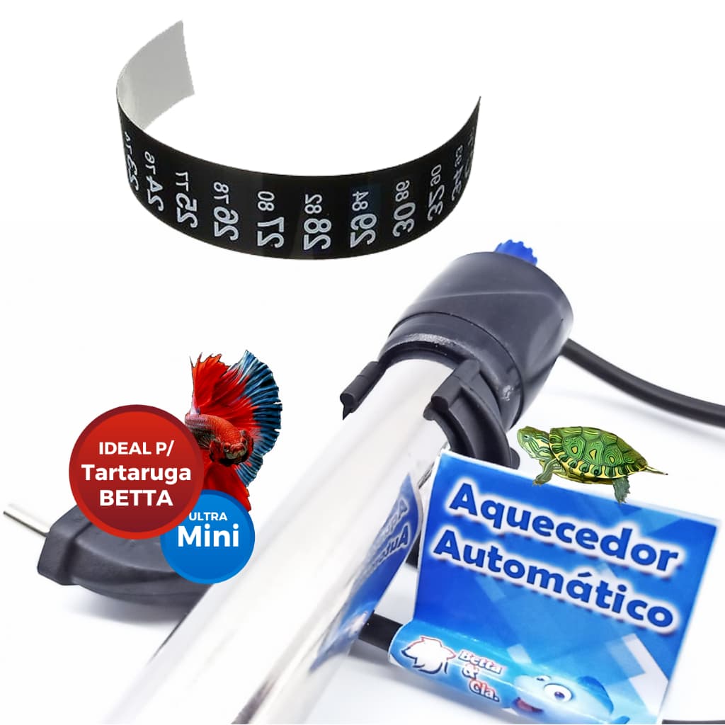 Mini Aquecedor de aquario Automático 25w para Betta E Tartaruga com Termômetro Adesivo - Cód.d5