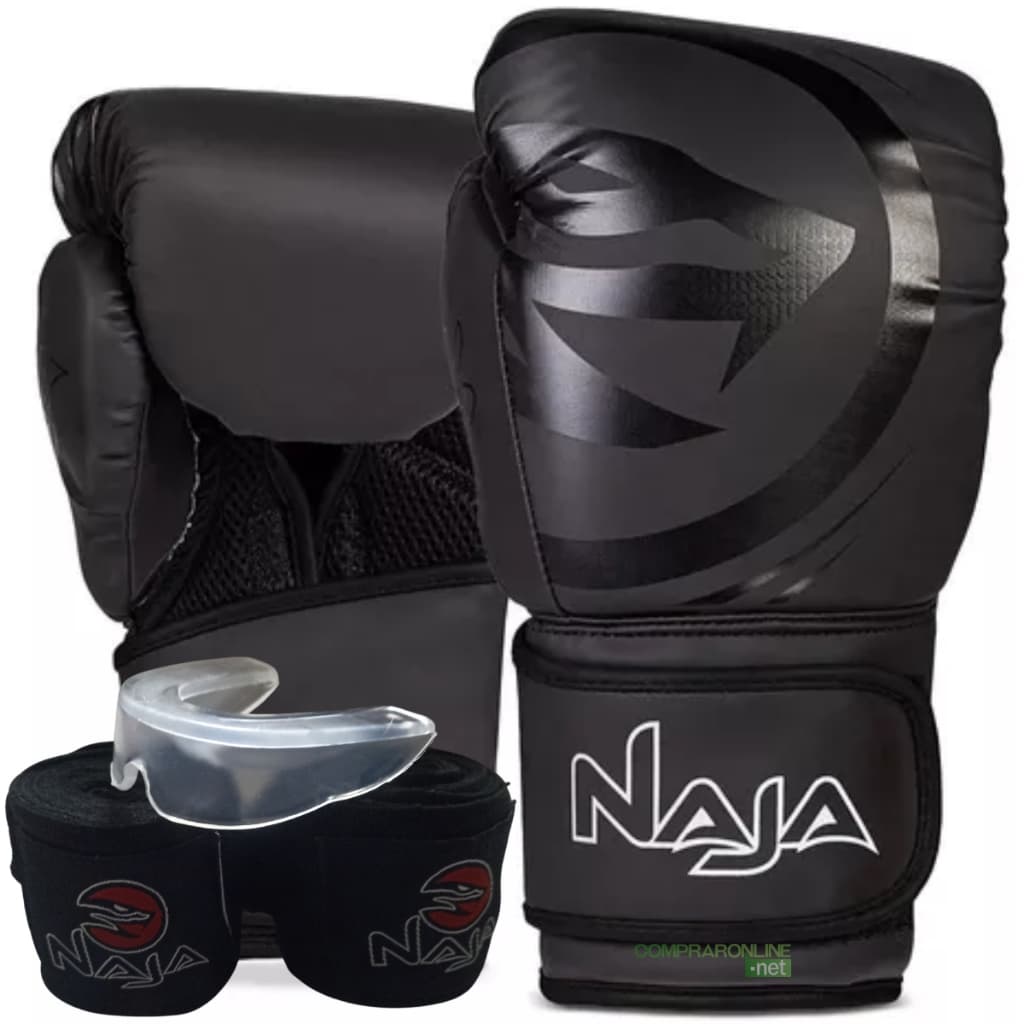 Kit Muay Thai Boxe Kickboxing Naja 16 Oz Luva Bandagem Bucal Bolsa Masculino Preto Original Top